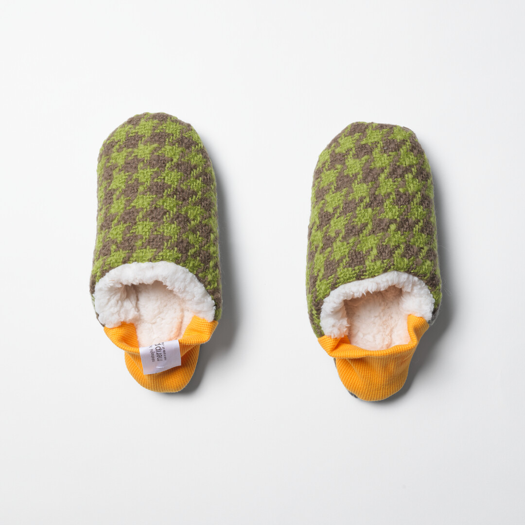 Merippa Slippers Roving Houndstooth x Sheep Boa from Japan House London.