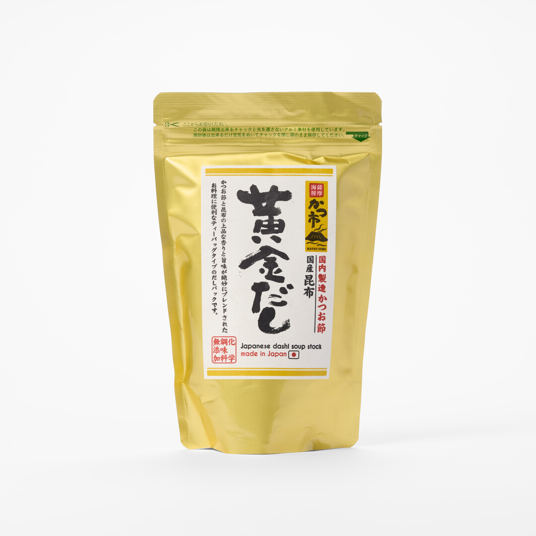 A golden package of dashi sachets from Japan House London.