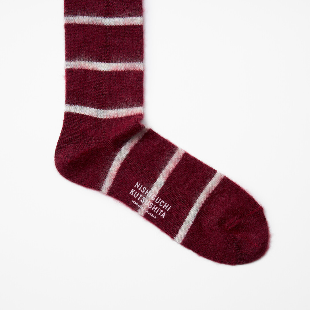 Wine Mohair Wool Border Socks from Japan House London.