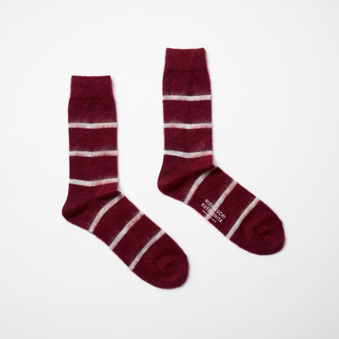 Wine Mohair Wool Border Socks from Japan House London.