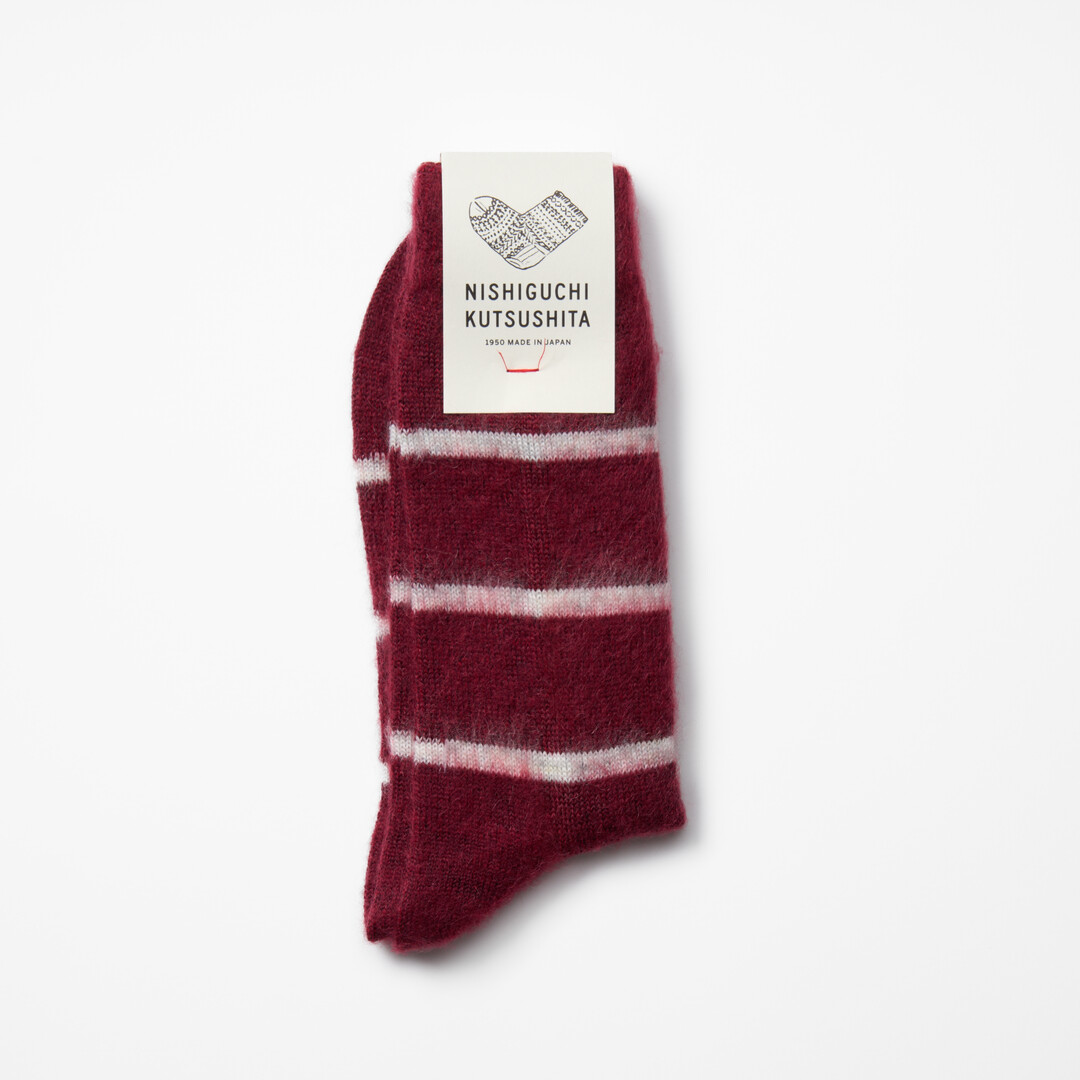 Wine Mohair Wool Border Socks from Japan House London.